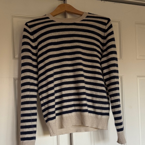 360 Cashmere Sweaters - 360 Cashmere Navy and Cream Striped Crewneck Sweater